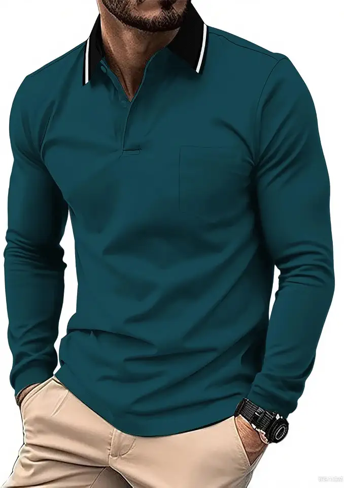 Camisa polo masculina de manga comprida para golfe, com bolso, casual, trabalho, atlética, gola