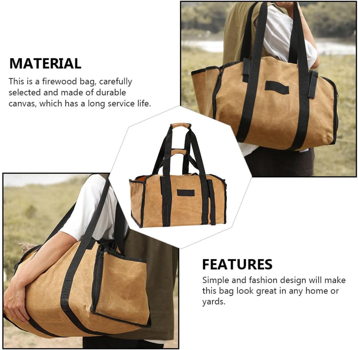HANABASS Large-Capacity Firewood Tote Bag Canvas Firewood Carrier with Handles Portable Log Holder for Outdoor Camping and Indoor Fireplace Storage