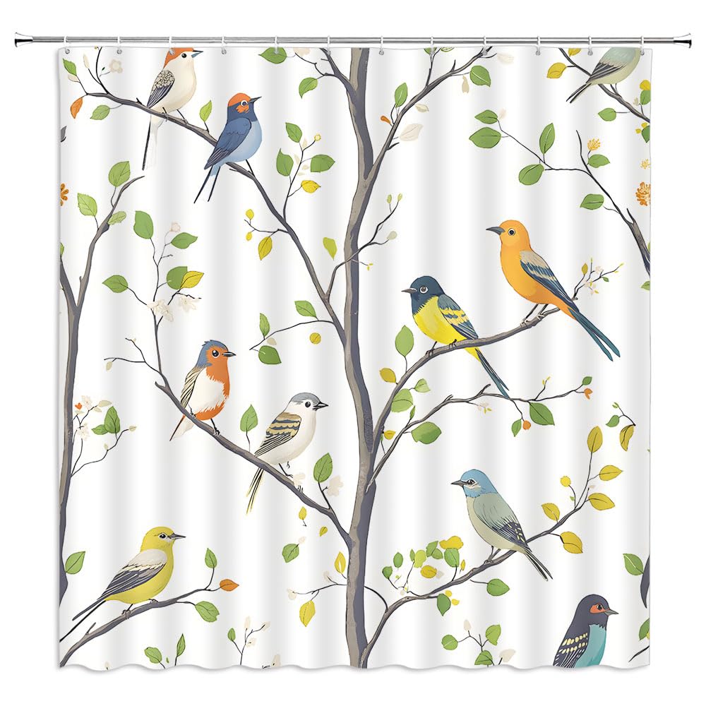 Fsfusvk Bird Shower Curtain Spring Colorful Birds on Tree with Spring Green Leaves Farmhouse Rustic Cute Polyester Fabric Bathroom Curtain Sets Hooks