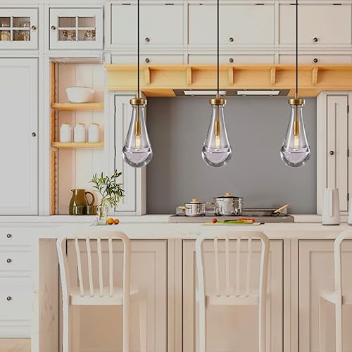 Miniatura 10 de Juego de dos lámparas colgantes de gota de lluvia, iluminación colgante de vidrio de latón, luces colgantes de lágrimas, isla de cocina, lámpara