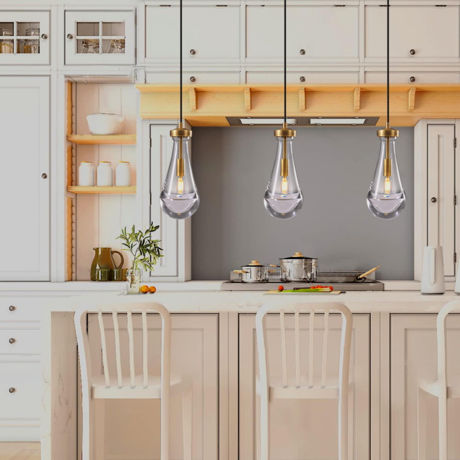 Raindrop Pendant Light Fixtures Set of Two, Brass Glass Pendant Lighting, Teardrops Pendant Lights Kitchen Island, Indoor Pendant Light for Kitchen Island Bedroom Bathroom, Included Bulb