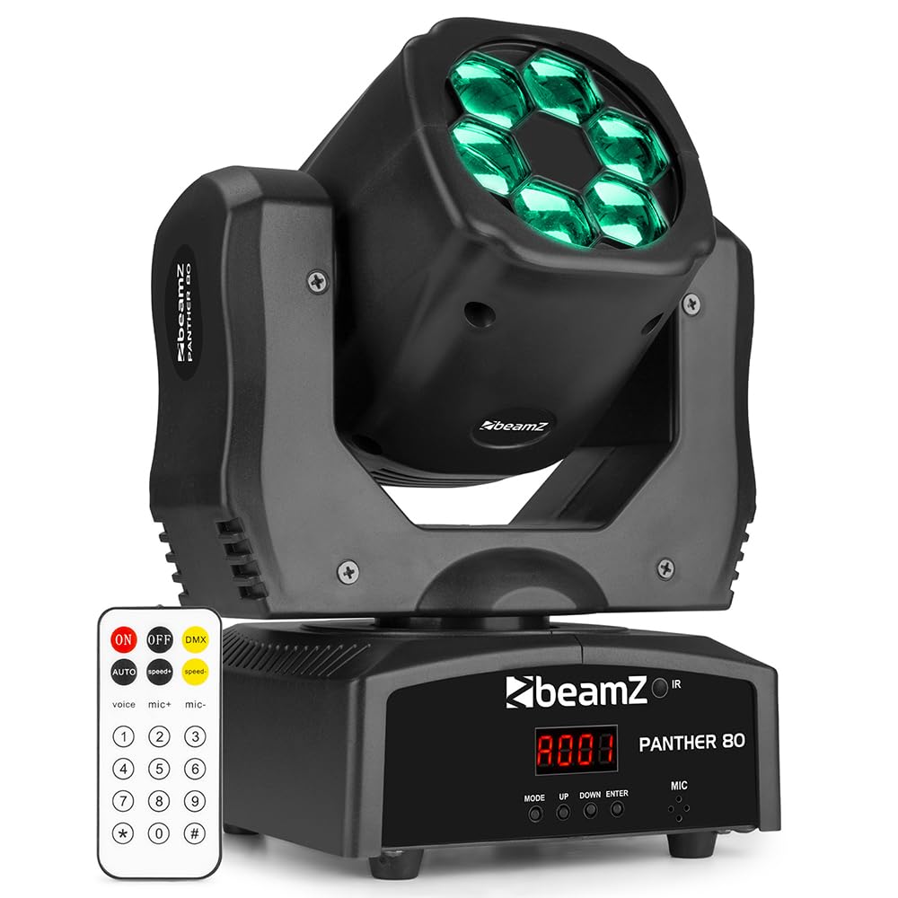 BeamZ Panther 80 - Moving Head, Discolicht Partylicht mit 6 rotierenden Linsen, Movinghead Disco Licht Strahler Uplight, 12 DMX Kanäle, Bühnenbeleuchtung, Partylicht für Clubs, Bars und Shows