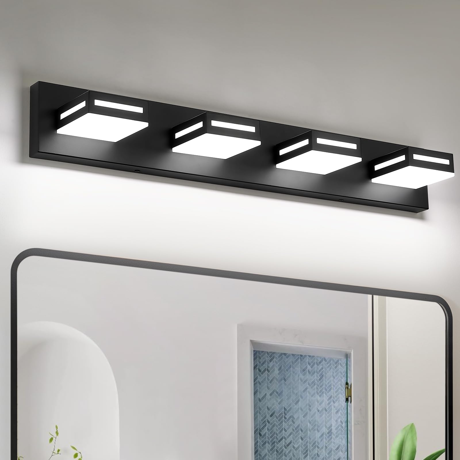 30-inch 4-light led modern black bathroom vanity light fixtures over mirror, bathroom lighting fixtures with cool white 6000k, vanity wall lights for bath restroom powder room