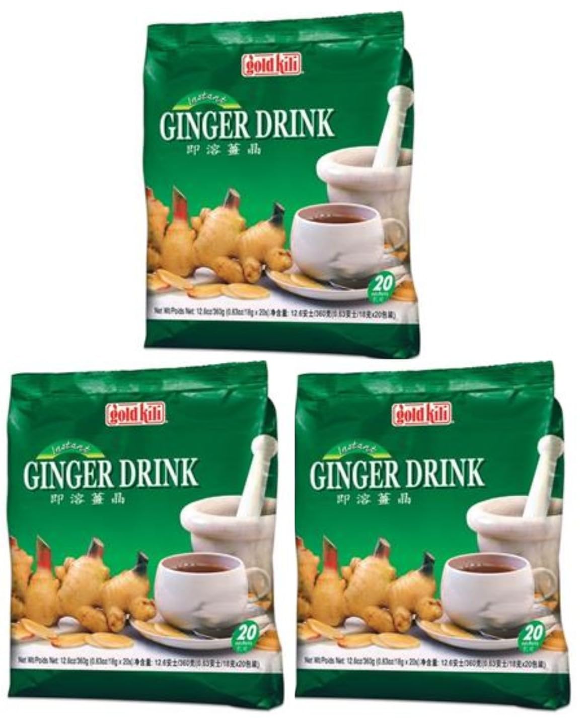 Gold Kili Ginger Drink 360g (PACK OF 3) ¦ Instant Ginger Tea ¦ 20 Sachets Pack X 3 (TOTAL 60 Sachets).