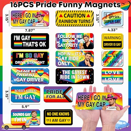 Image of 16PCS Gay Pride Car Bumper Magnets: Funny Rainbow Decals Bulk for LGBT Parade, Truck, Fridge, Cruise - Prank Gift Idea (Character)