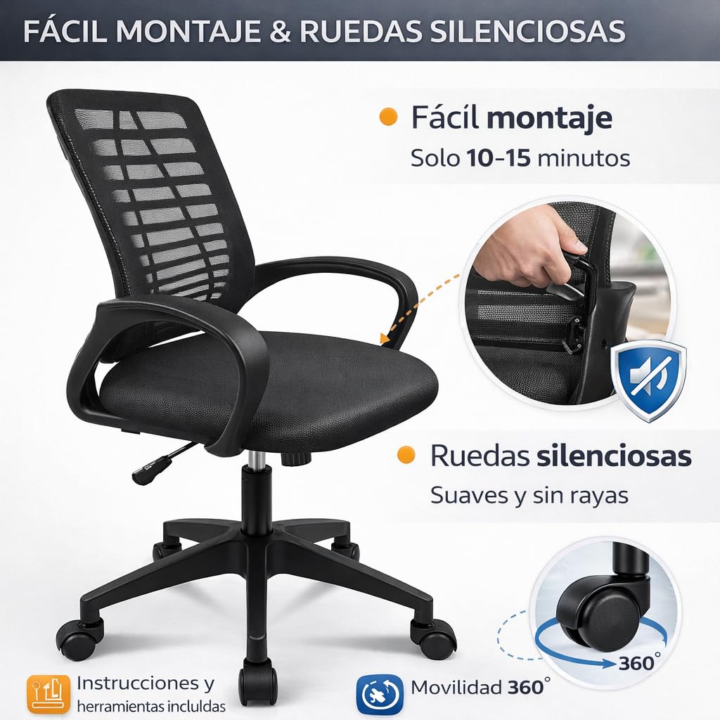 T-LoVendo - Silla de Oficina o Escritorio ergonómica con Soporte Lumbar y Respaldo de Malla Transpirable. Altura Regulable. Giratoria