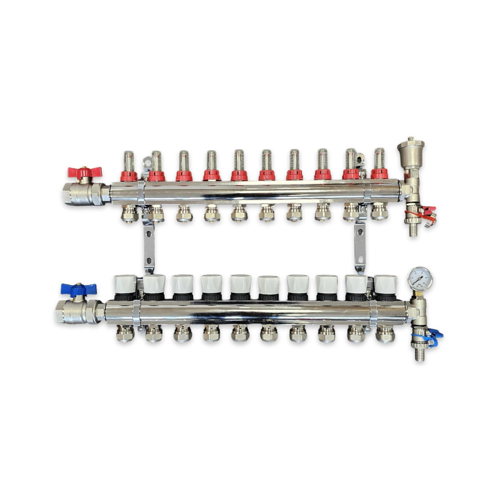 Wärmer System 10 Port Underfloor Heating Complete Manifold with Pipe Connections, Ball Valves, Automatic Air Vent and Pressure Gauge End Unit (15mm eurocones)
