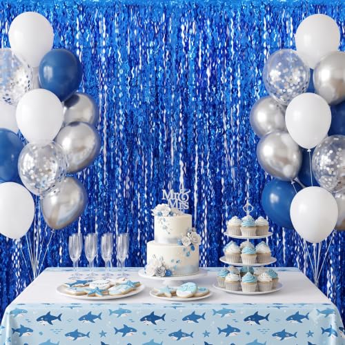 Image of TONIFUL 2Pcs Wavy Deep Blue Metallic Foil Fringe Curtain Laser Streamers | 3.3ftx6.6ft Ocean Themed Baby Shower Photo Booth Backdrop Door Streamer for Birthday Under The Sea Summer Pool Beach Party