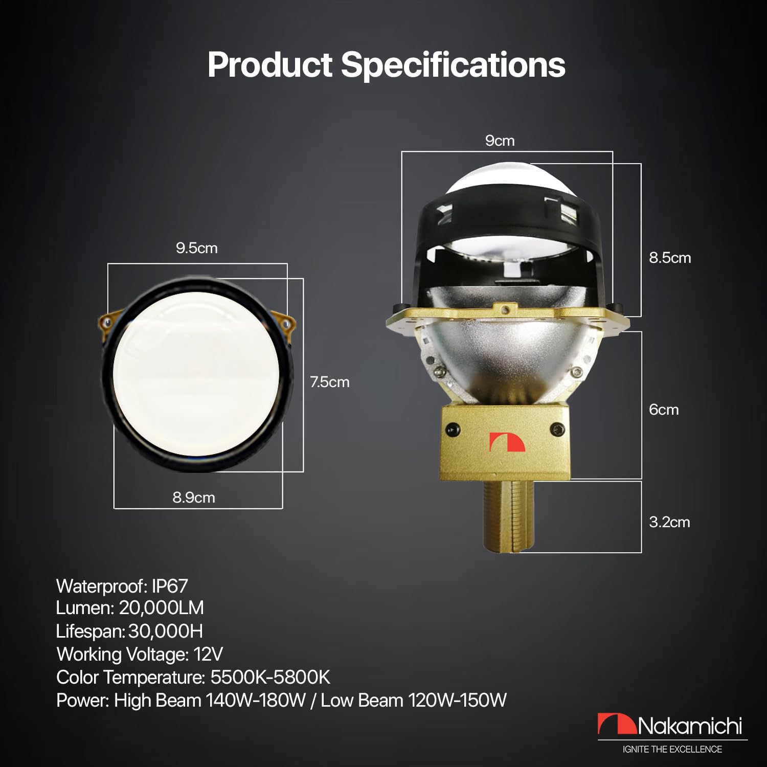 Nakamichi GM901 Series H4 H7 9005 9006 Bi-LED Proyector Faro Lente, 3,0 pulgadas, 20.000 lúmenes, 112W por juego, retroadaptación de haz alto y bajo, paquete de 2 5800K