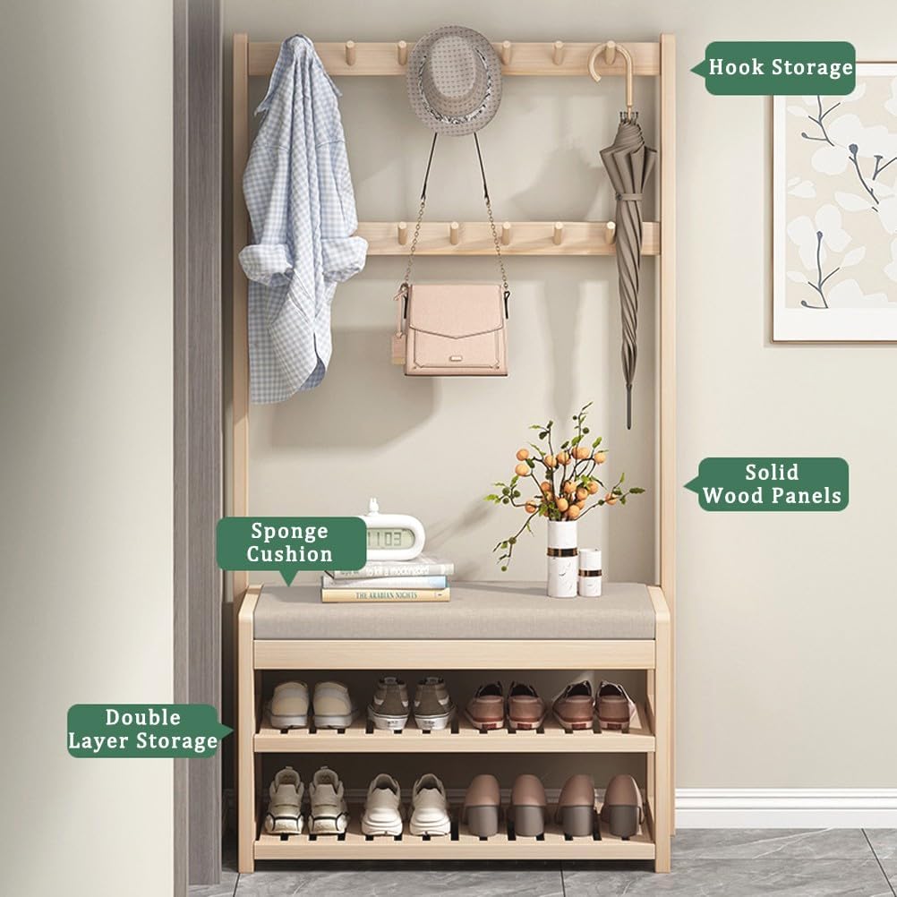 Coat Rack Hall Tree, with Bench, Shoe Rack and Coat Rack 3-in-1 Entryway Shoe Storage Cabinet, 3 Tier Shoe Shelf Storage Organizer Rack