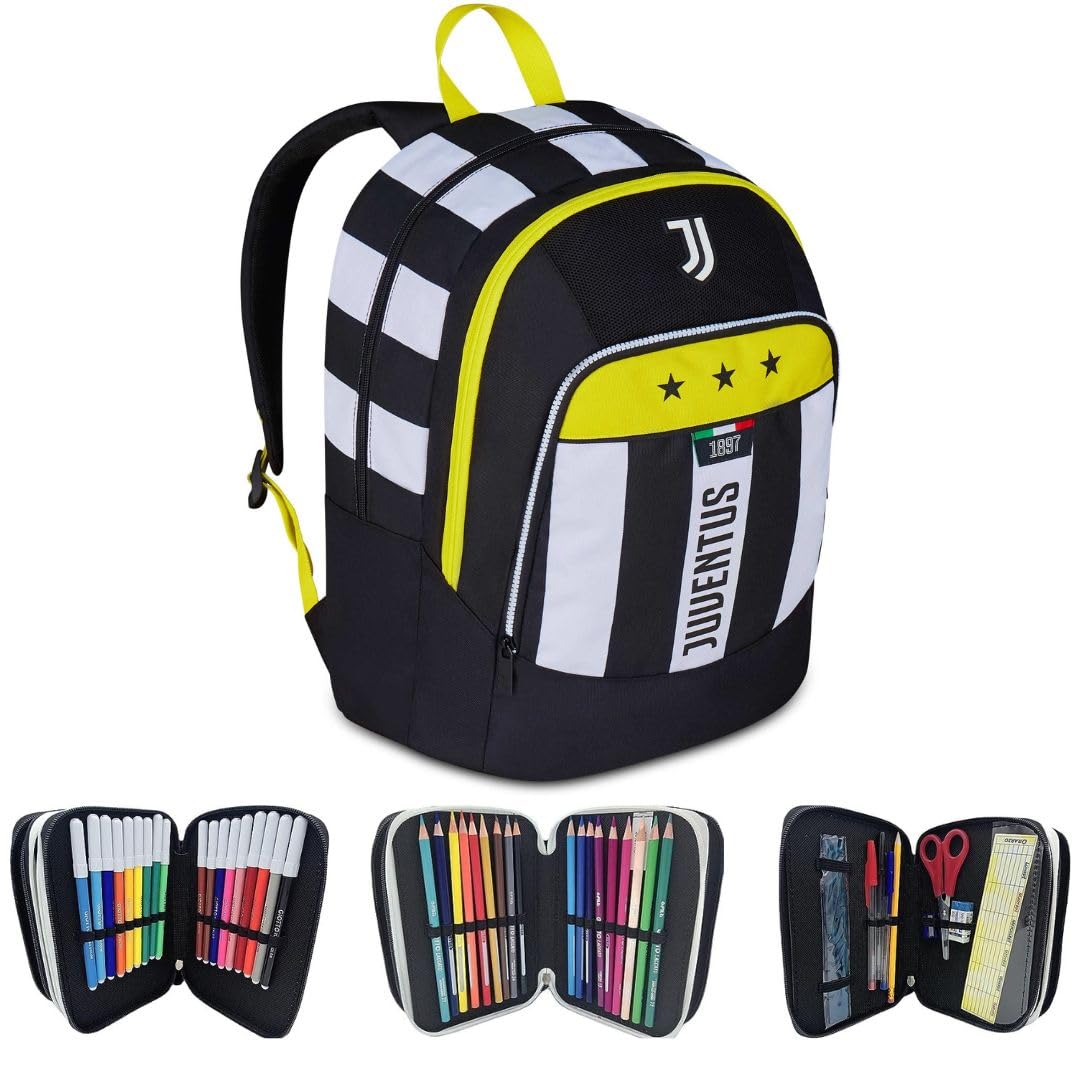 JUVENTUS Zaino scuola multiscomparto più astuccio 3 zip omaggio bianco e nero con colori a marchio