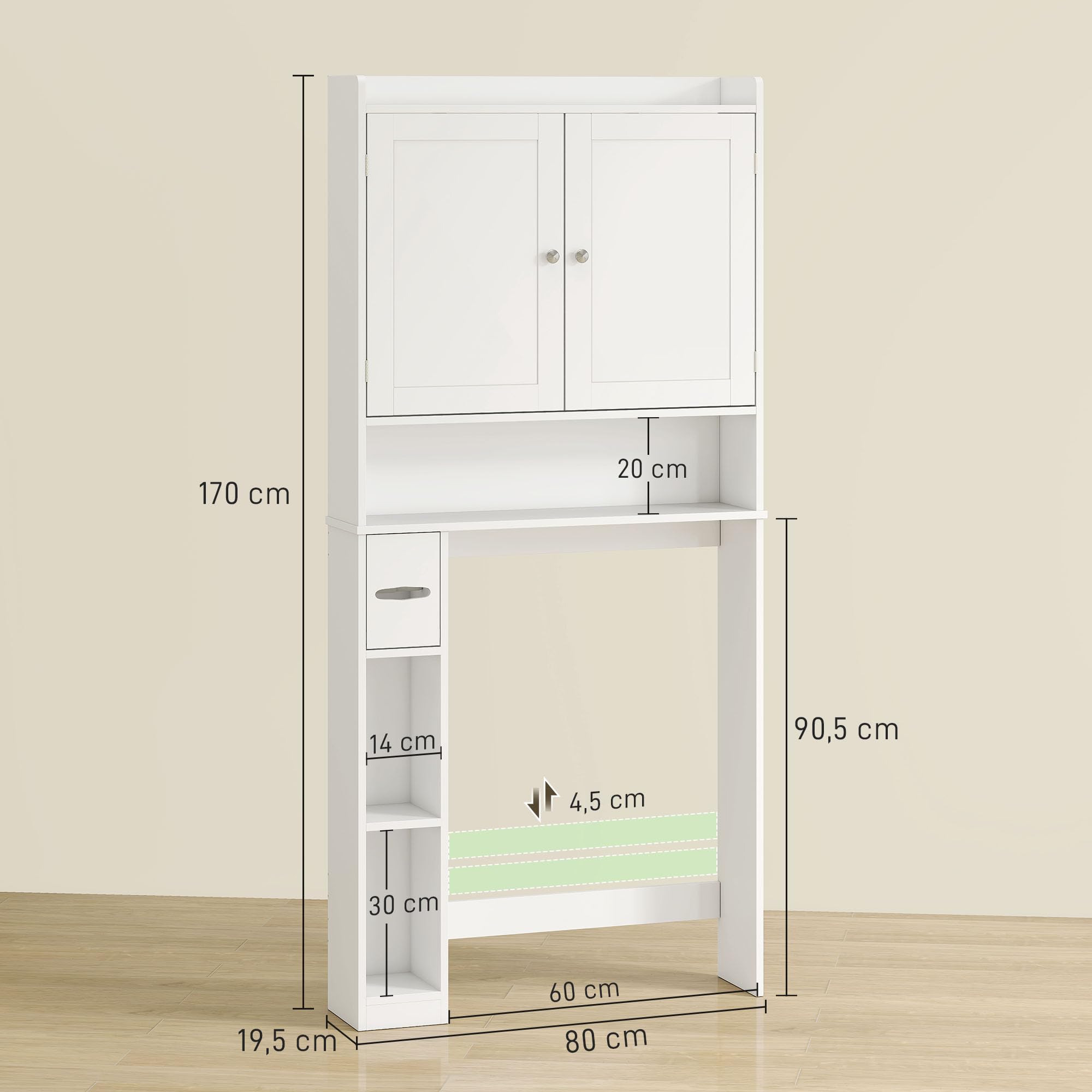 HOMCOM Mobiletto sopra il WC o la lavatrice, armadietto sopra il WC con 2 ante, 3 scomparti aperti, ripiano regolabile, porta carta igienica, 80 x 19,5 x 170 cm, bianco