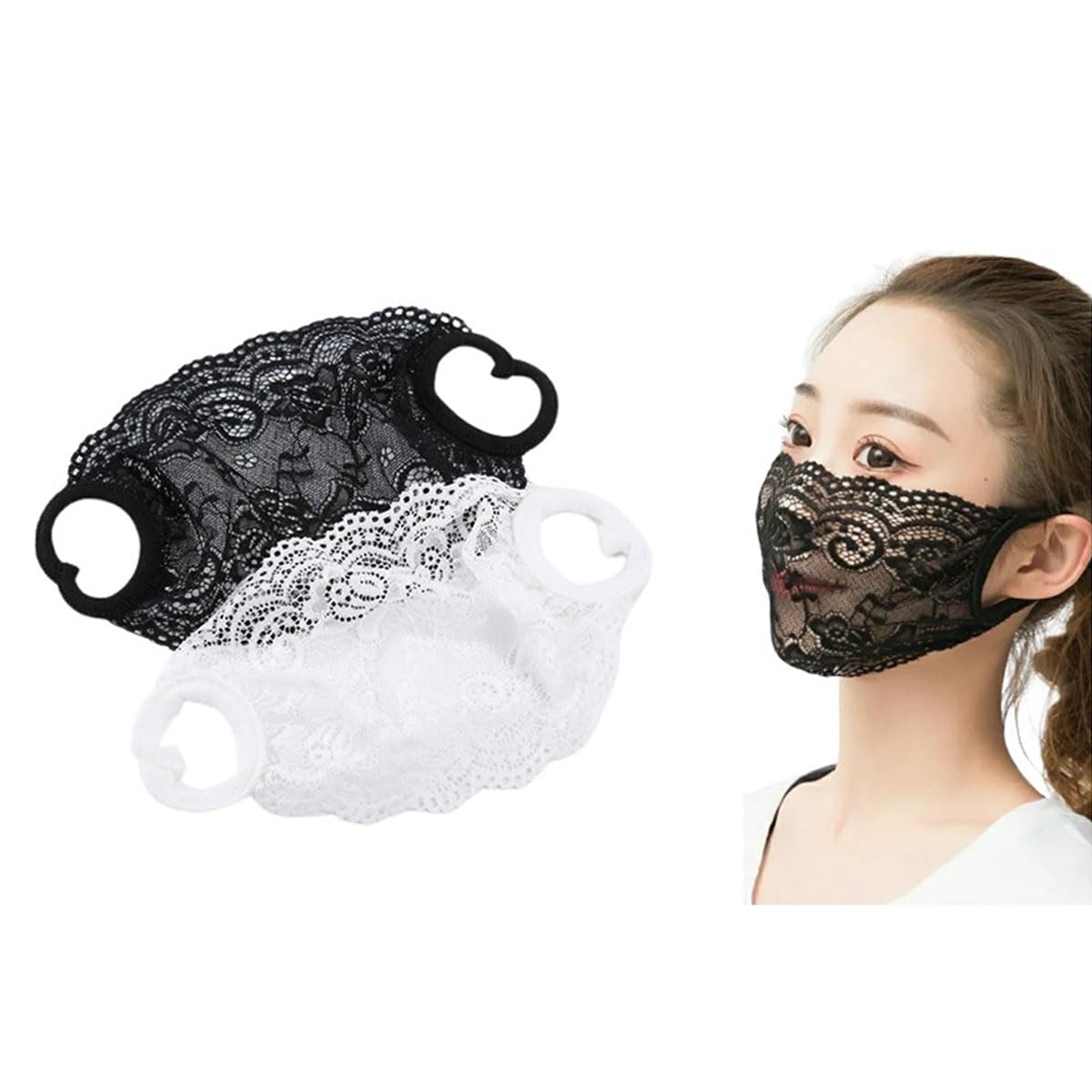 2 Pack Single Layer Lace Mask Sunscreen Masks Mesh Hollow Face Shield Mask Half Face Cover Travel Mask for Women and Girls(Black+White)-image-22