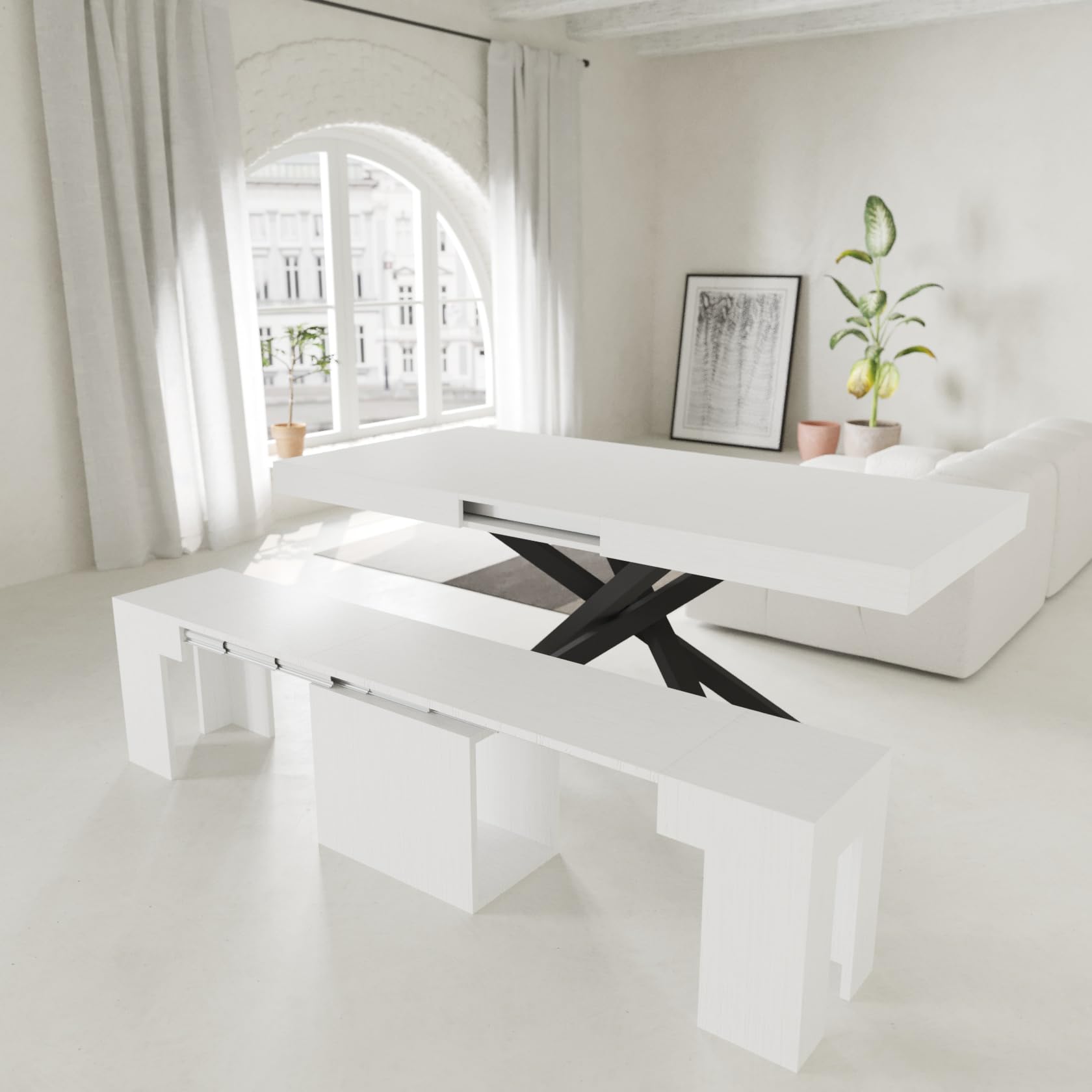 VE.CA.s.r.l. - Panca Allungabile Candy - In Legno Nobilitato - Con Porta Prolunghe - Allungabile Fino a 3 Metri - Arredo Casa, Cucina - Colore: Bianco Frassinato - Made in Italy