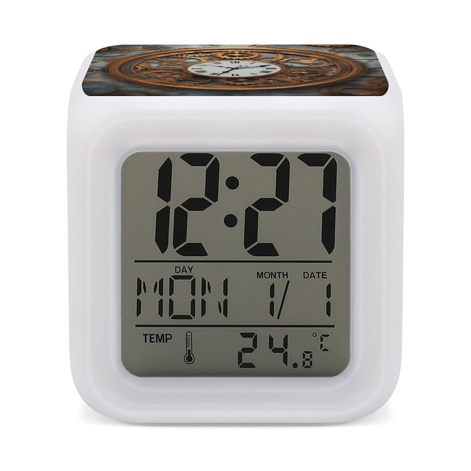 VstaDank Rusty Steampunk Clock Alarm Clock Sleep Trainer 7 Color Changing Night Light Modern Touch Bedside Lamp Fashion Digital Clock with Temperature Display Wake Clocks for Loud Alarm