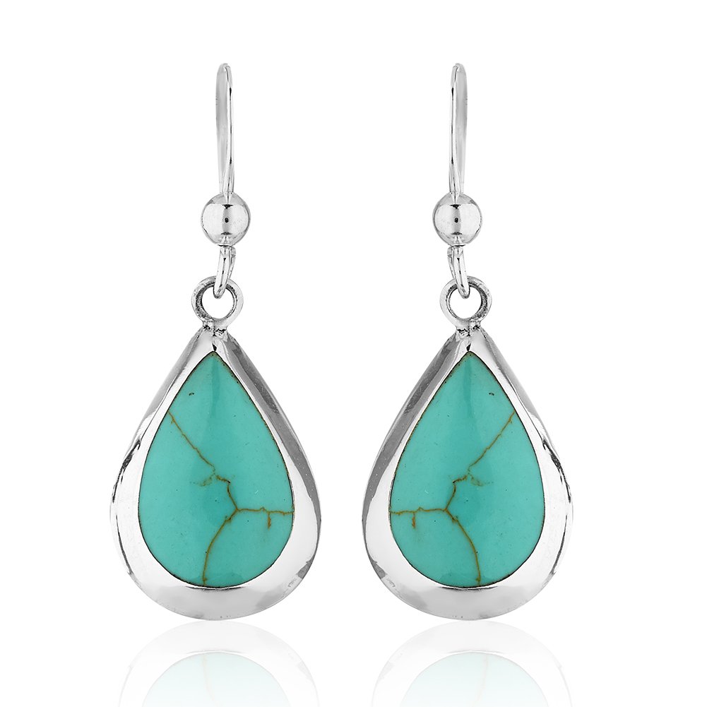 925 Sterling Silver Green Reconstructed Turquoise Gemstone Pear Tear Drop Dangle Earrings for Women