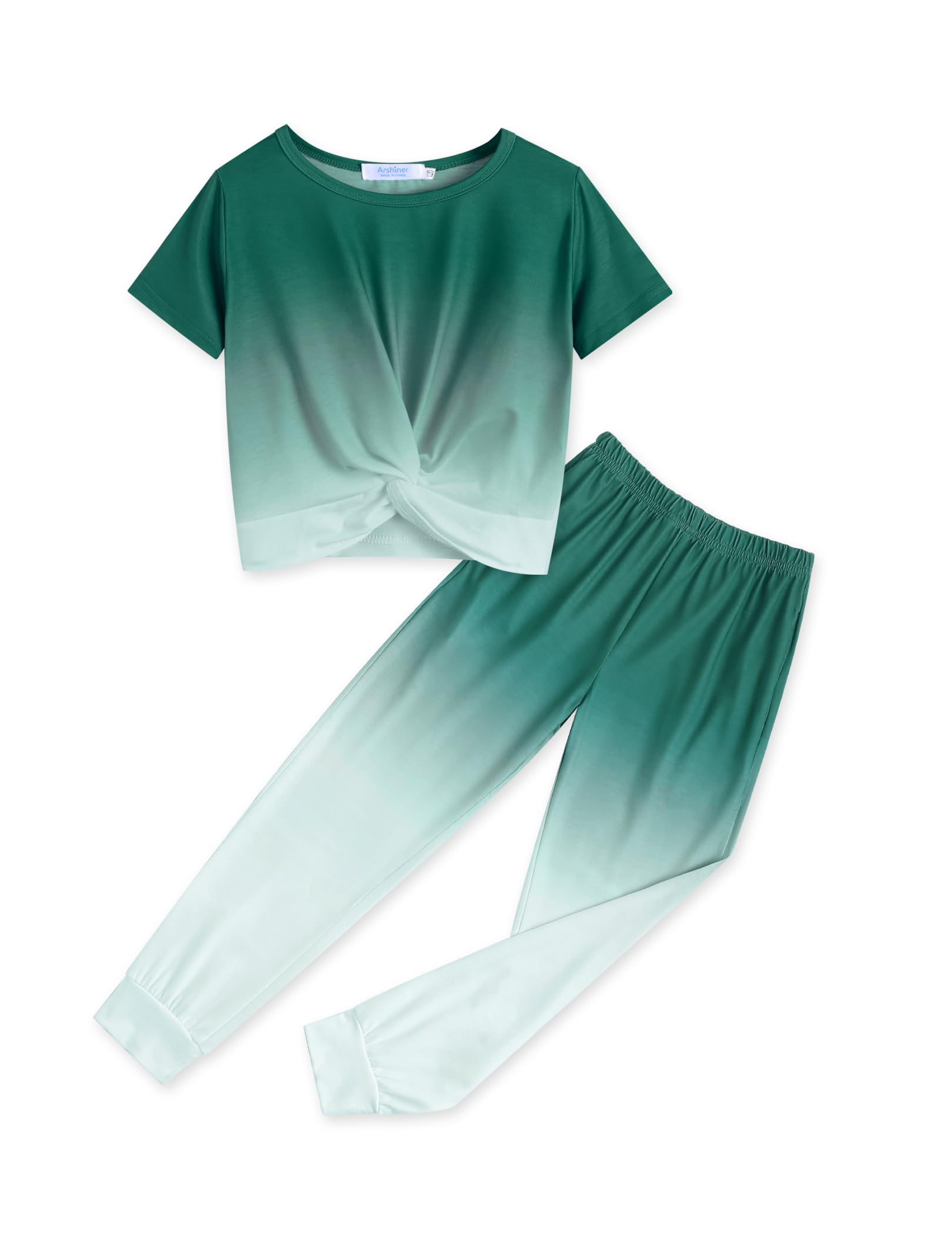 Arshiner Girls 2 Piece Outfits Twist Front Tops and Sweatpants Clothing Set | Short Sleeve Crewneck Elastic Waist Pants with Pockets Casual Spring Summer Fall Winter Clothes