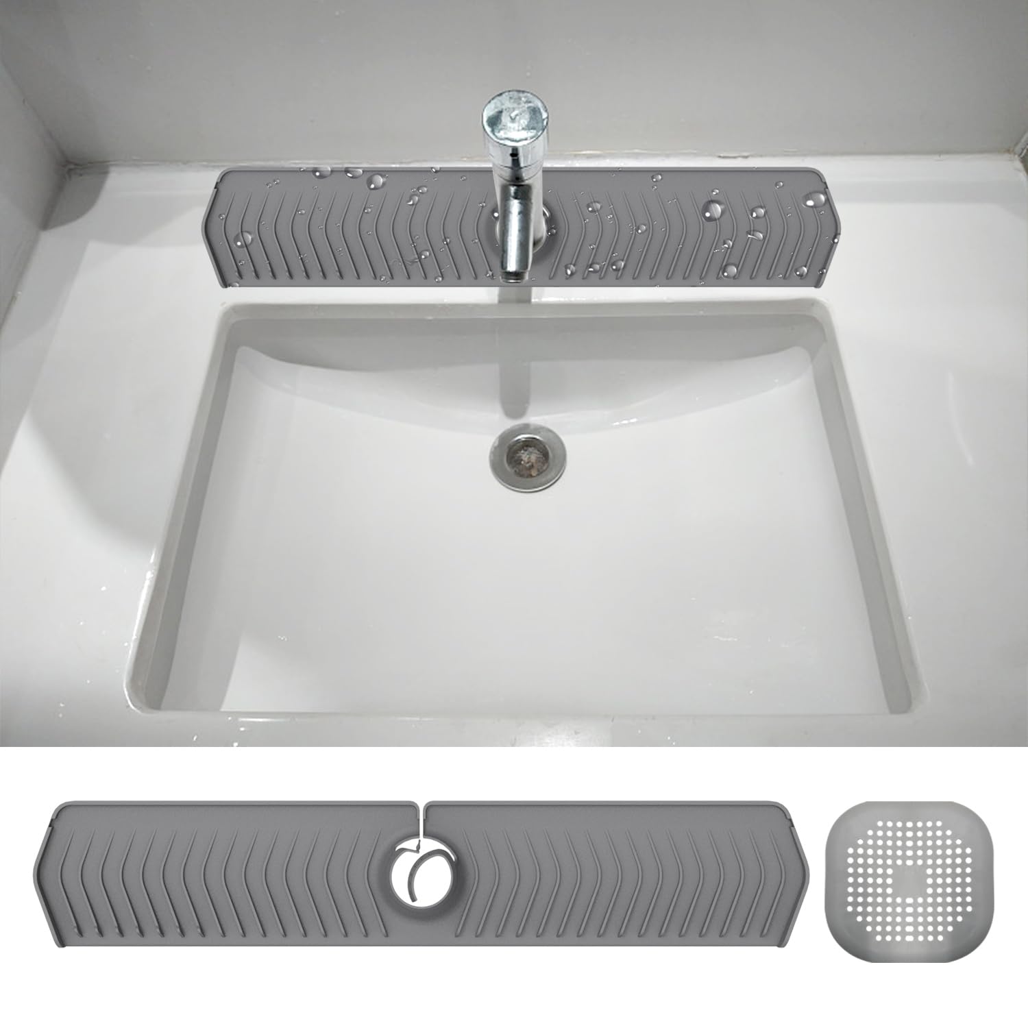 1 Piece Kitchen Sink Splash Mat Silicone Faucet Handle Drip Catcher Tray Sink Splash Guard Behind Faucet Protector Mat for Kitchen (Grey)