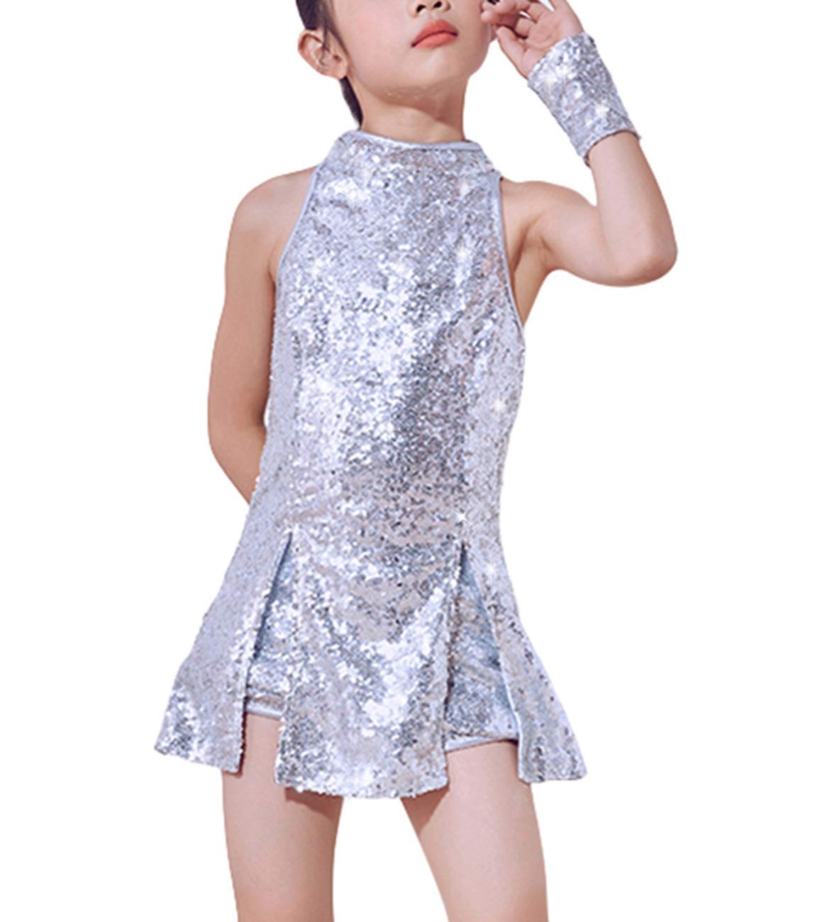 Girls Sequins Dance Clothes Dress 4-12 Yrs Sparkle Hip Hop Jazz Dance Outfit, Sleeveless Top and Shorts