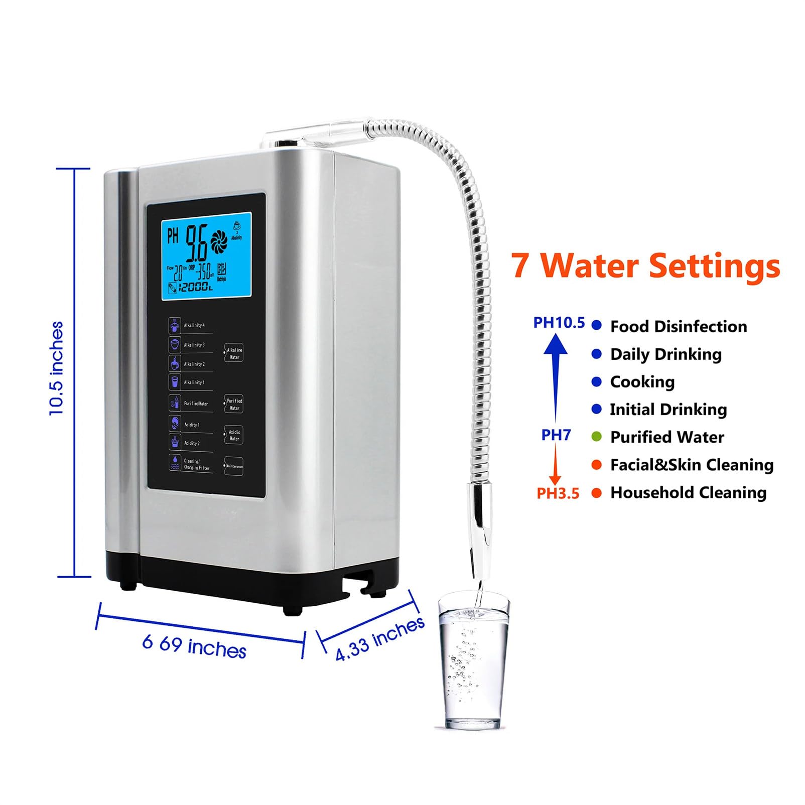 Ionizador de agua alcalina con 7 configuraciones de agua, hasta -500 mV ORP, máquina purificadora de agua PH 3.5-10.5, de filtro de agua para el hogar, 285x170x110 mm,Silver