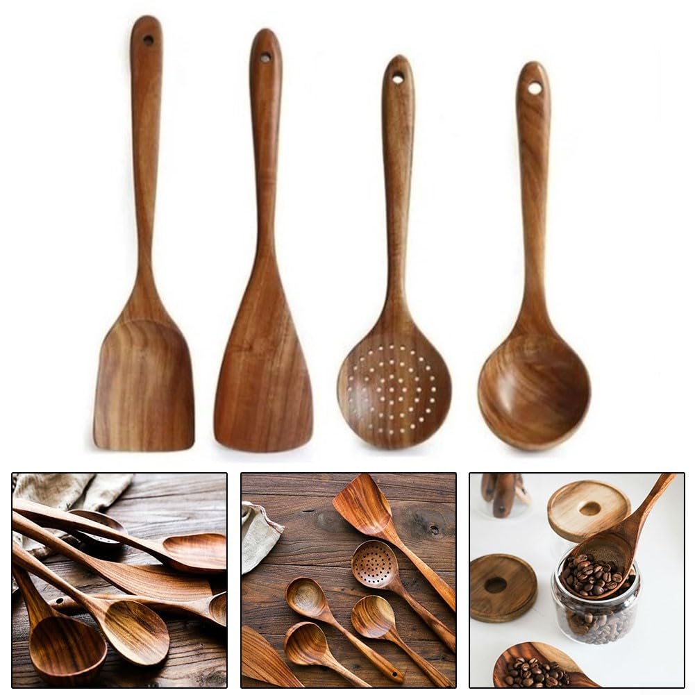 Cucchiaio di legno, mestolo da 4 a 8 pezzi per scolapasta riso zuppa manico lungo (5 + 1 pz)