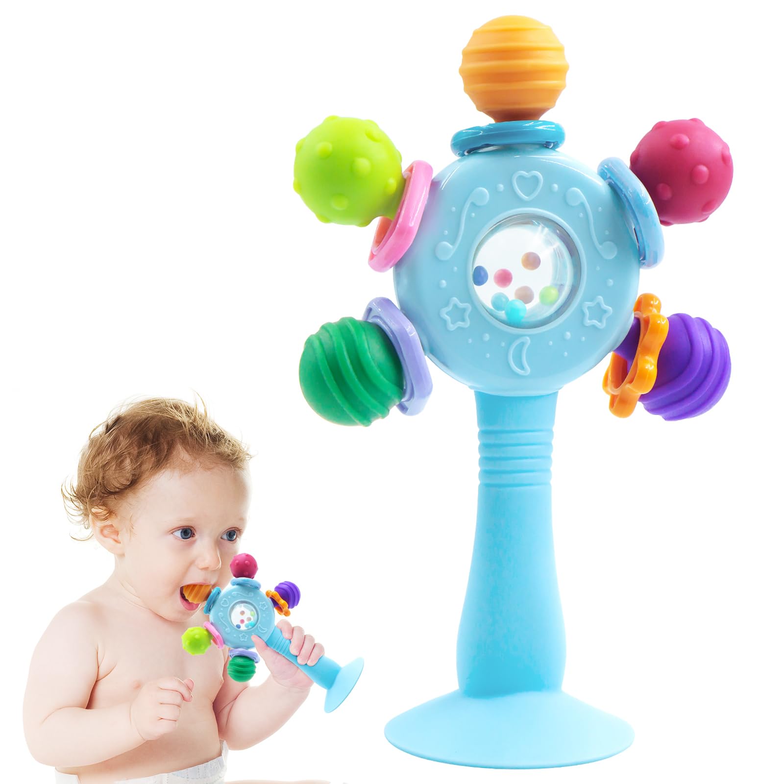 Suction Cup Toy Baby for High Chair, Biting Toy Baby from 3 Months, Baby Rattle Toy, Montessori Early Education Motor Skills Toy, Baby Toy for Babies from 3-6 Months (Blue)