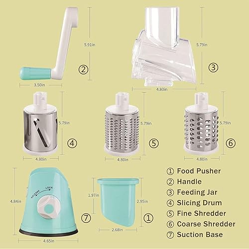Miniatura 4 de Rallador rotativo de queso, rallador de cocina con 3 cuchillas de tambor, cortador manual de verduras y trituradora para verduras y nueces - Base de