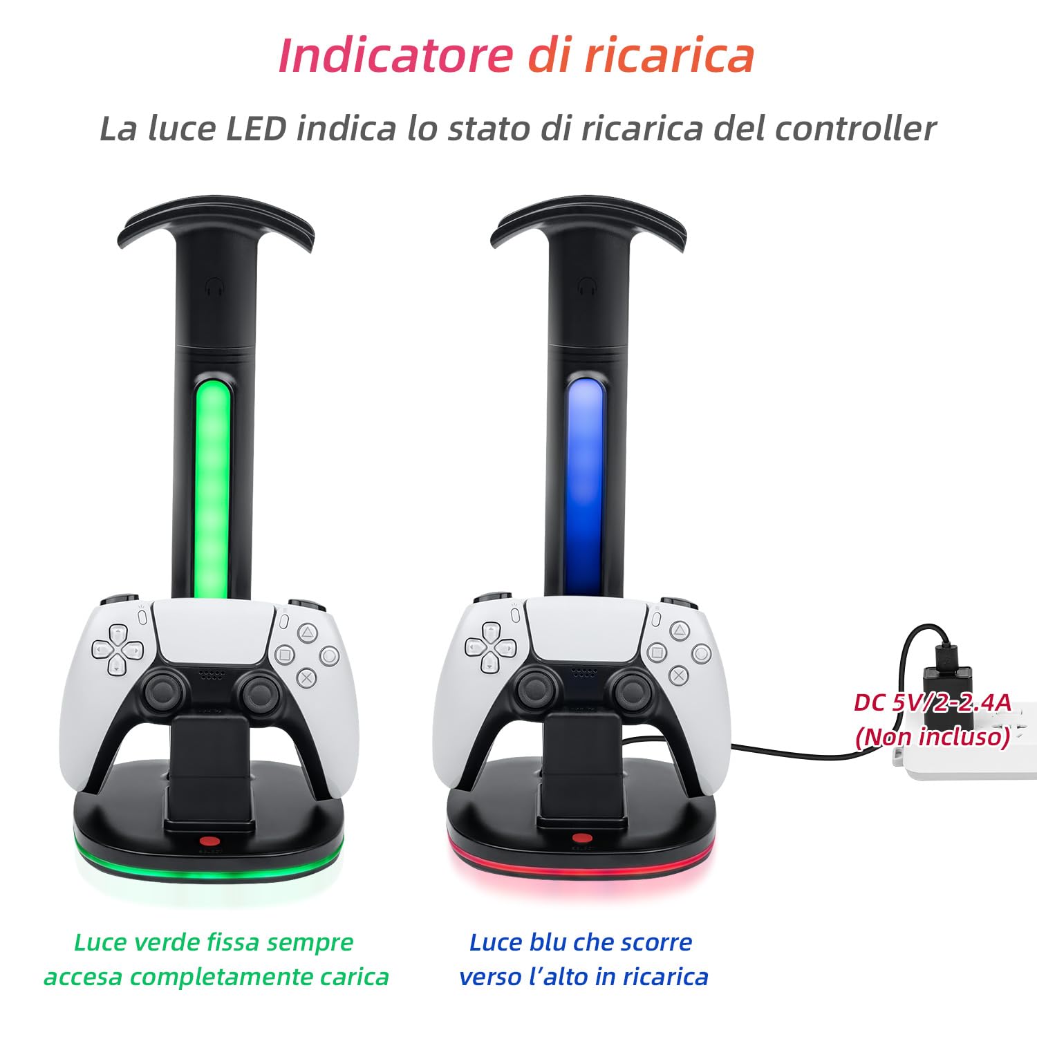 Base Stazione di Ricarica per Controller PS5 con Cuffie RGB e Supporto per Controller, Porta Cuffie con 2 porte USB per Caricatore per Joystick Playstation 5 DualSense Edge Accessori Gaming