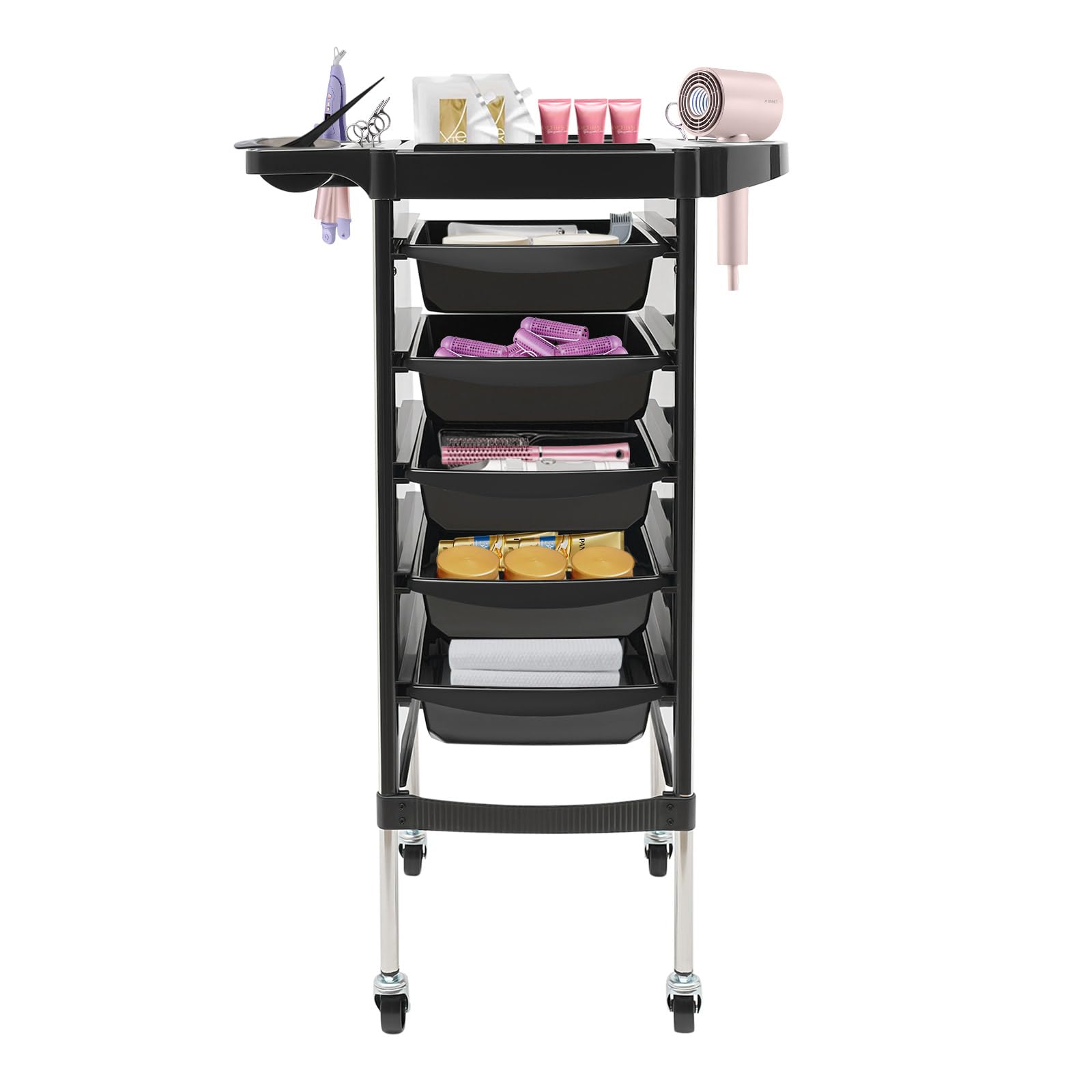 Beauty Chariot Salon de Coiffure 6 Étages 5 Tiroirs Acier Inoxydable Plastique 15 kg par Niveau 4 Roulettes Silencieuses Noir 36 x 85,5 cm