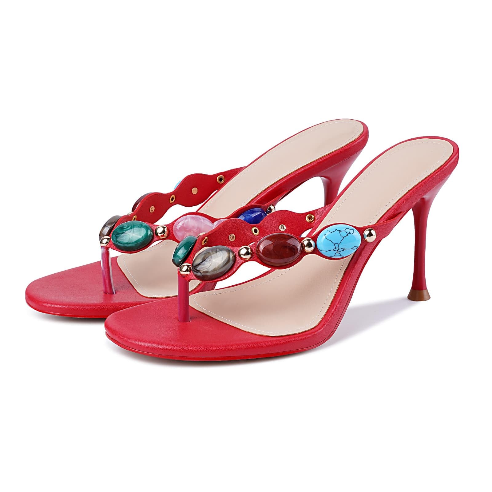 Photo 1 of DREAMSTORY Women's Jeweled Thong Strappy Heels Sandals Comfortable Round toe High Heel Dressy Summer Sandals for Wedding Party Beach Flip Flops Slip On Casual Shoes Wear Red?10