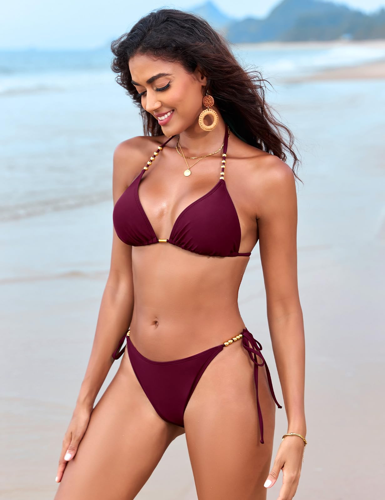Svanco Maillot de Bain 2 Pièces Femme Triangle Bikini avec Rembourré, Perles Dorées et Tanga à Nouer