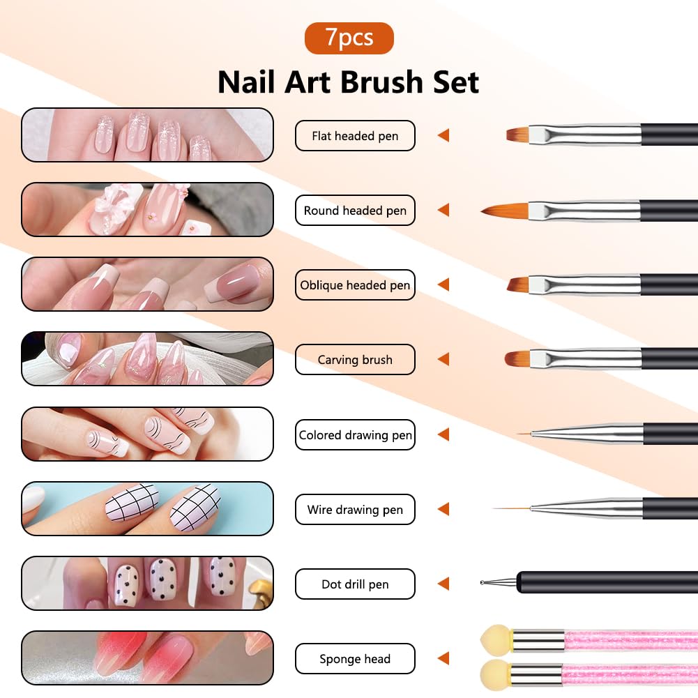 Pennelli Nail Art Set di Pennelli, 6 Pezzi Pennelli e Spugna di Pennellino, per Unghie in Gel per Disegnare DipingereLlinee e Fiori per Nail Art per Il Design Delle Unghie
