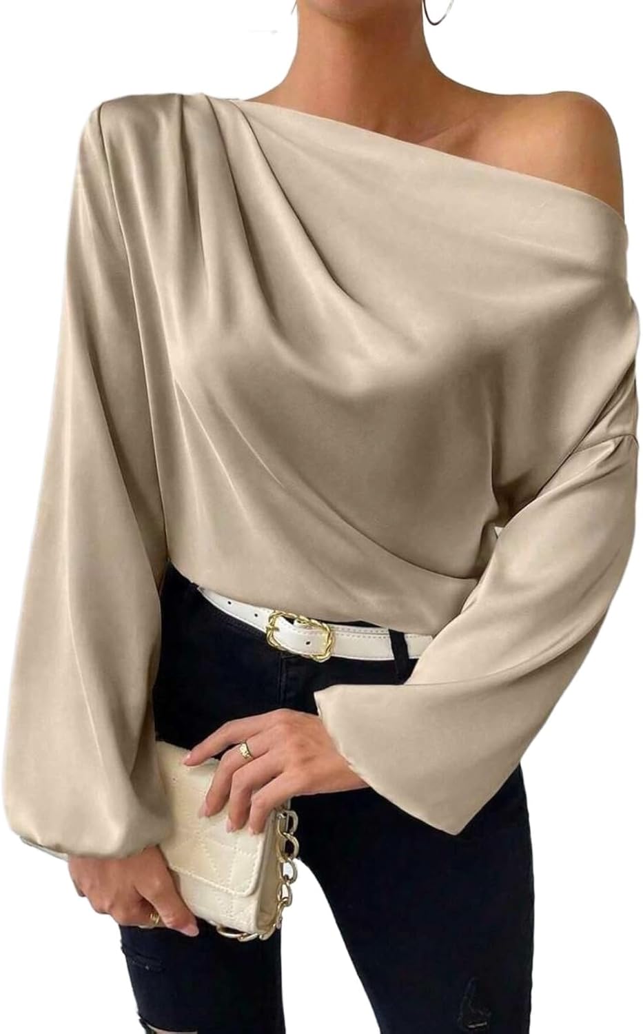 Apvirdy Off The Shoulder Top Satin Blouses for Women Long Sleeve Ruched Shirt Fahion Asymmetrical Top