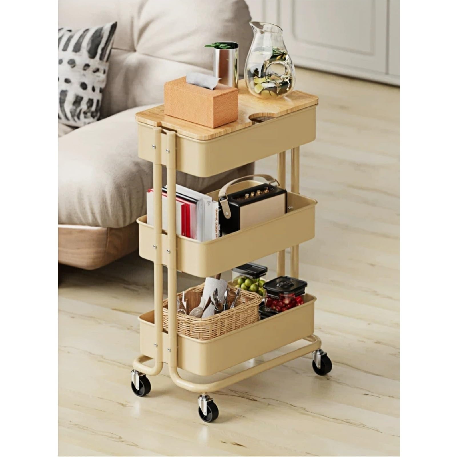 Carrello da cucina Carrello portaoggetti con rotelle a 3 livelli, ripiano mobile for snack e organizer da comodino(Blue)