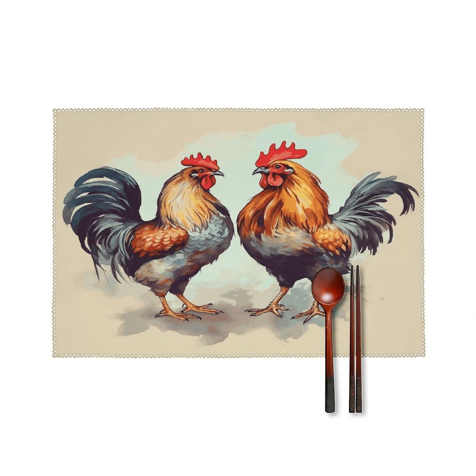 Rooster and Hen Placemats Set of 4 Canvas Place Mats Non-Slip Heat Resistant Table Mats Washable Waterproof Placemat Wipeable Tablemats for Kitchen Dining Decor Place Mat