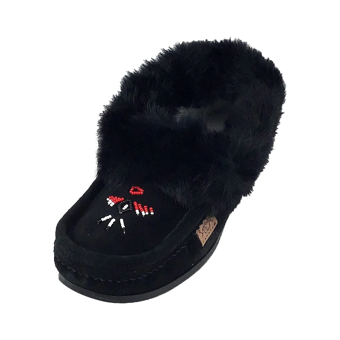 Laurentian Chief Mens Suede Slippers Rabbit Fur Collar Soft Sole Moccasins