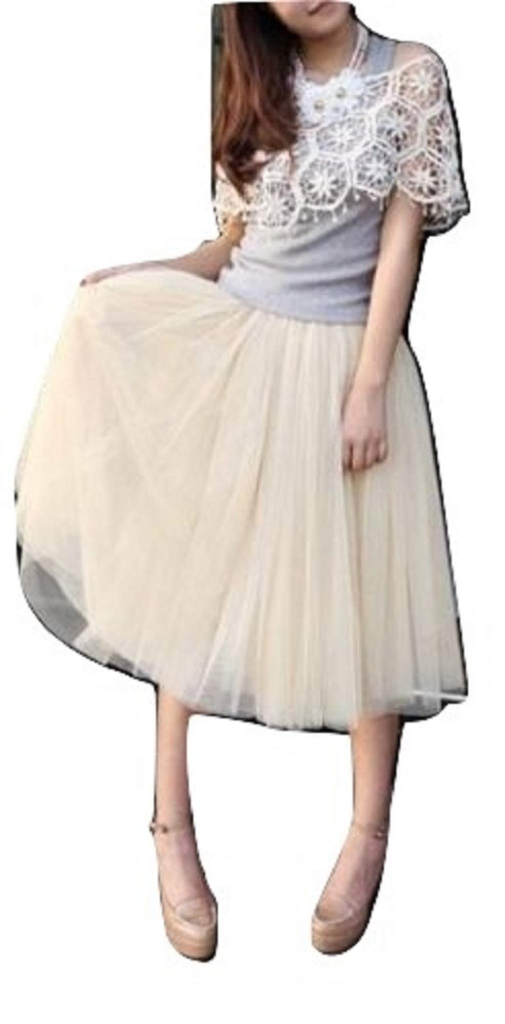 L&L® Women Girls 5 Layers Tutu Petticoat Long Skirt Rockabilly Tulle Goth Ballet Skirt (Cream)