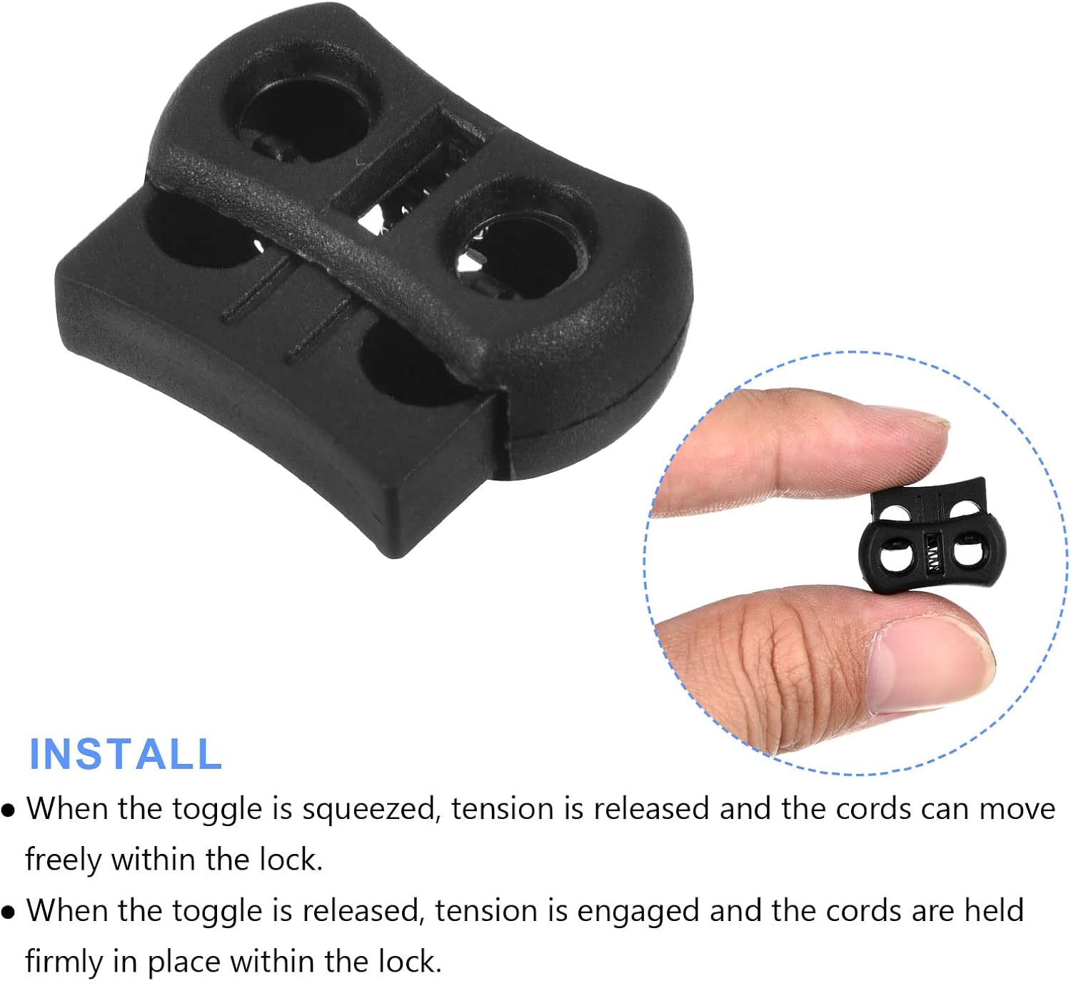 METALLIXITY Plastic Cord Locks (0.2")20pcs, Double Hole Spring Toggle Stopper End Cord Stopper Slider Cord Fastener for Drawstring Shoelaces Clothing Backpack, Black - Image 4