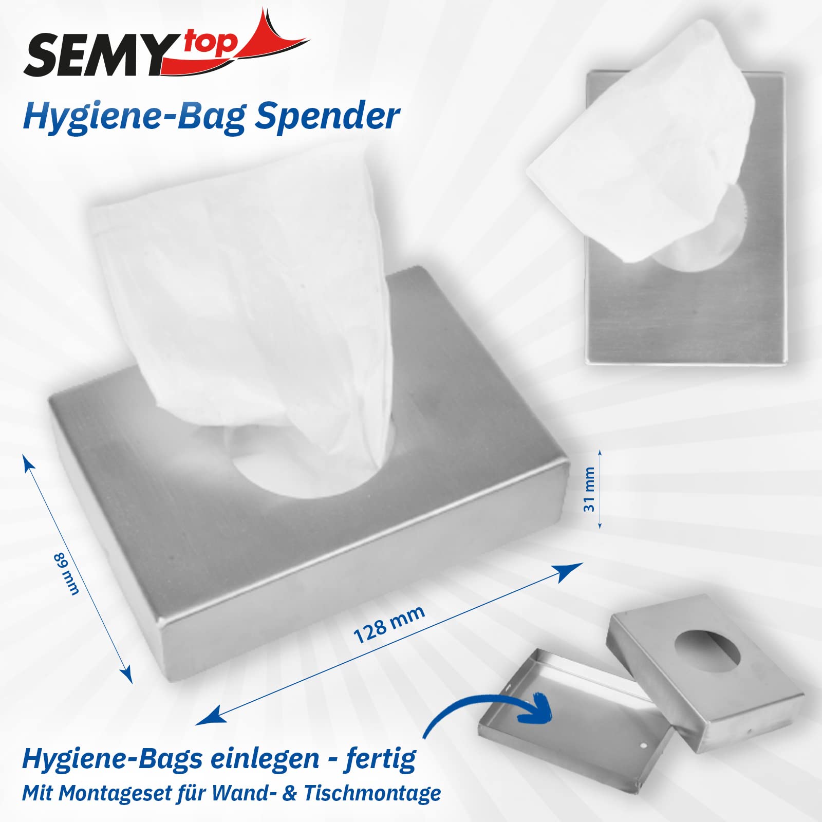 SemyTop Dispensador de bolsas higiénicas de acero inoxidable, 89 x 128 x 31 mm, soporte para bolsas higiénicas para compresas sanitarias