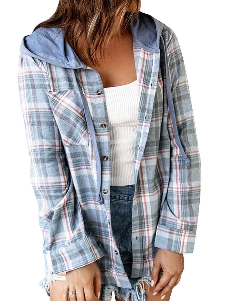 StarVnc Women Plaid Hooded Shirt Long Sleeve Button Down Drawstring Hoodie Shirts Jacket