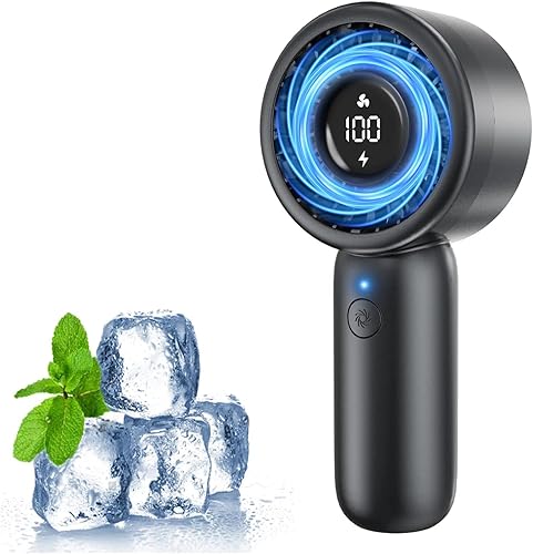 Ventilador de mano  Ventilador turbo portátil de mano con cordón, 5 vientos de velocidad, pantalla LED, batería recargable, mini ventiladores