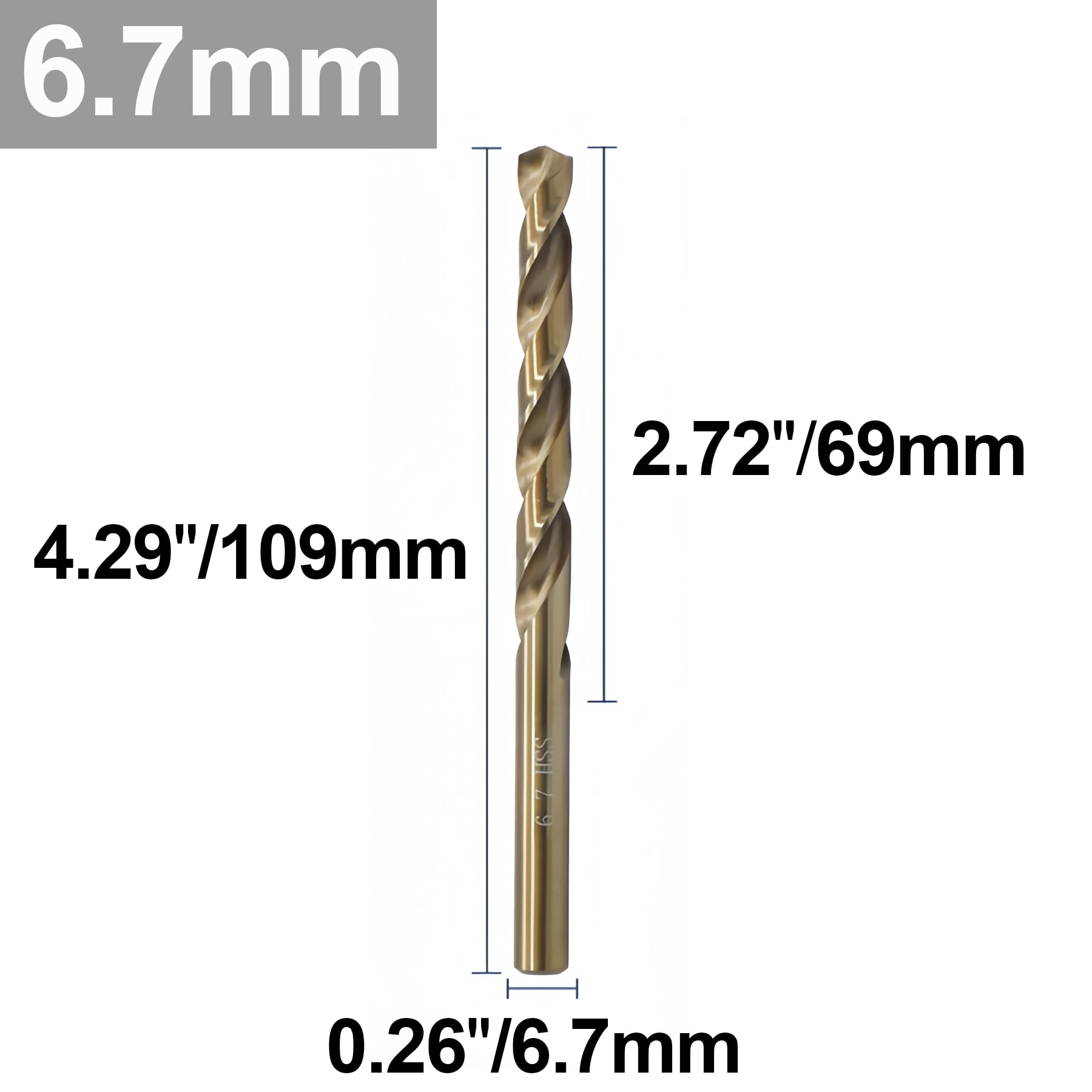 Uxcell 6.7mm HSS Cobalt Drill Bits, 3-Pack Straight Shank Metric Twist Drills, 4" Total Length