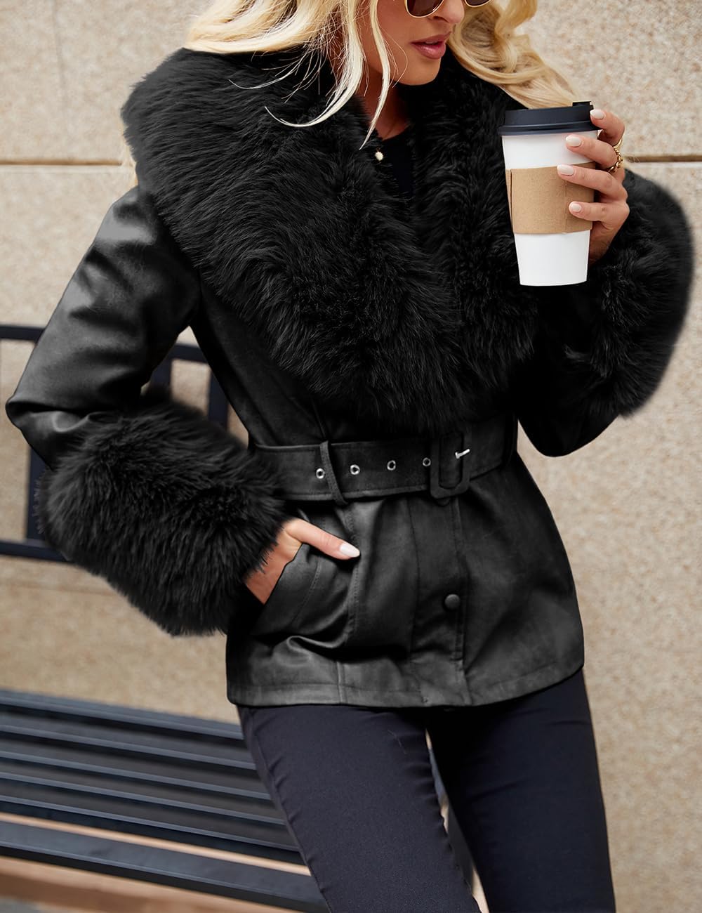Bellivera Women Faux Leather Jacket Winter Long Sleeve Zip Belt Coat with Fur Collar - Image 5