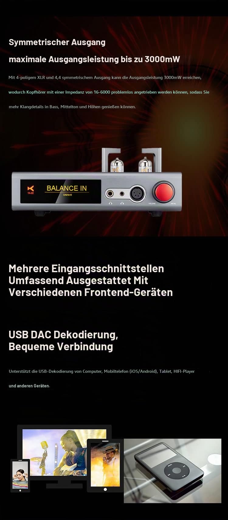 XDUOO TA-22 ES9038Q2M*2 DSD256 HD Bluetooth PCM 32Bit/384kHz Balance Ausgang High Performance DAC/Tube Balance Kopfhörer Verstärker