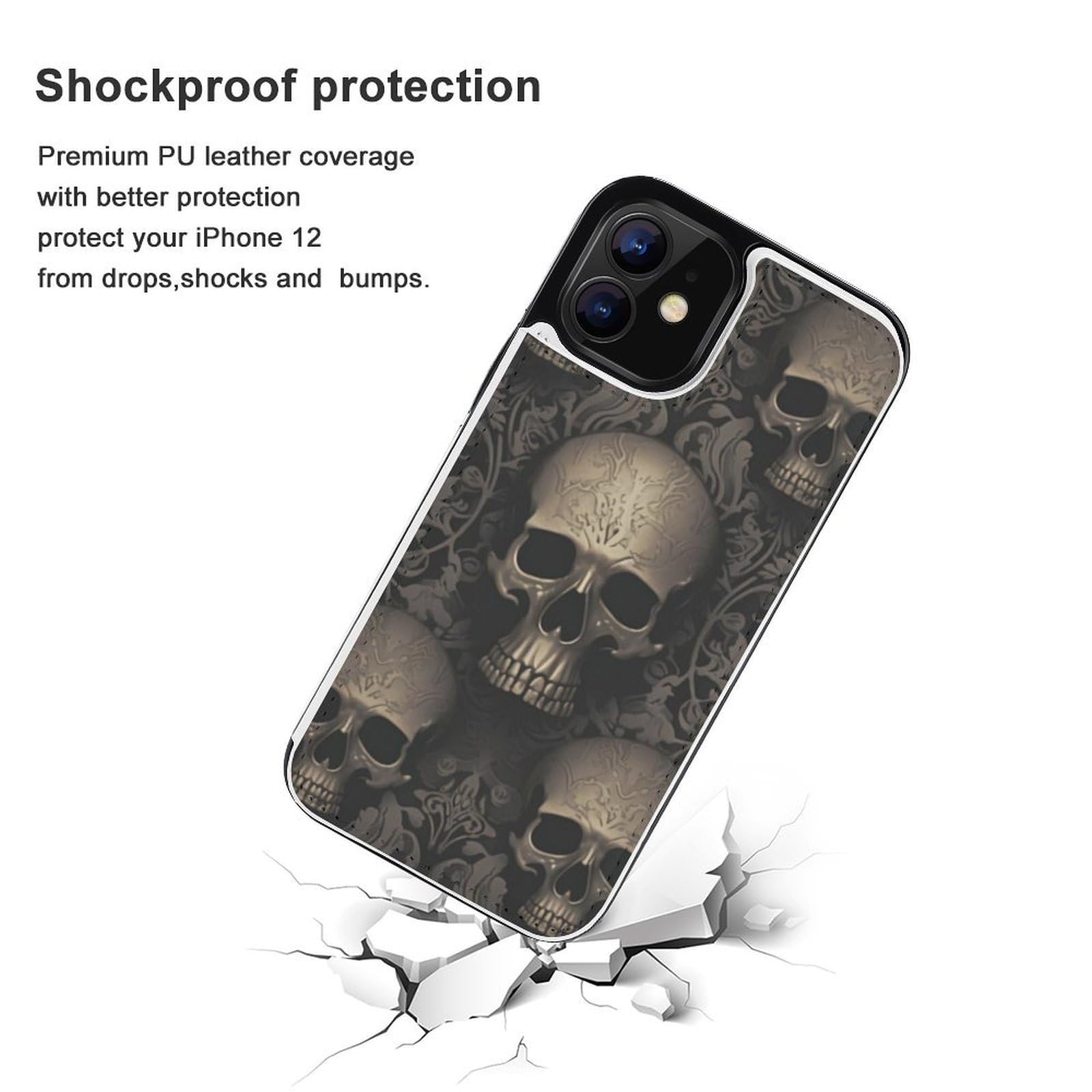 Fundas tipo cartera para iPhone 12, papel pintado gótico, estampado de calaveras, funda de piel con ranuras para tarjetas