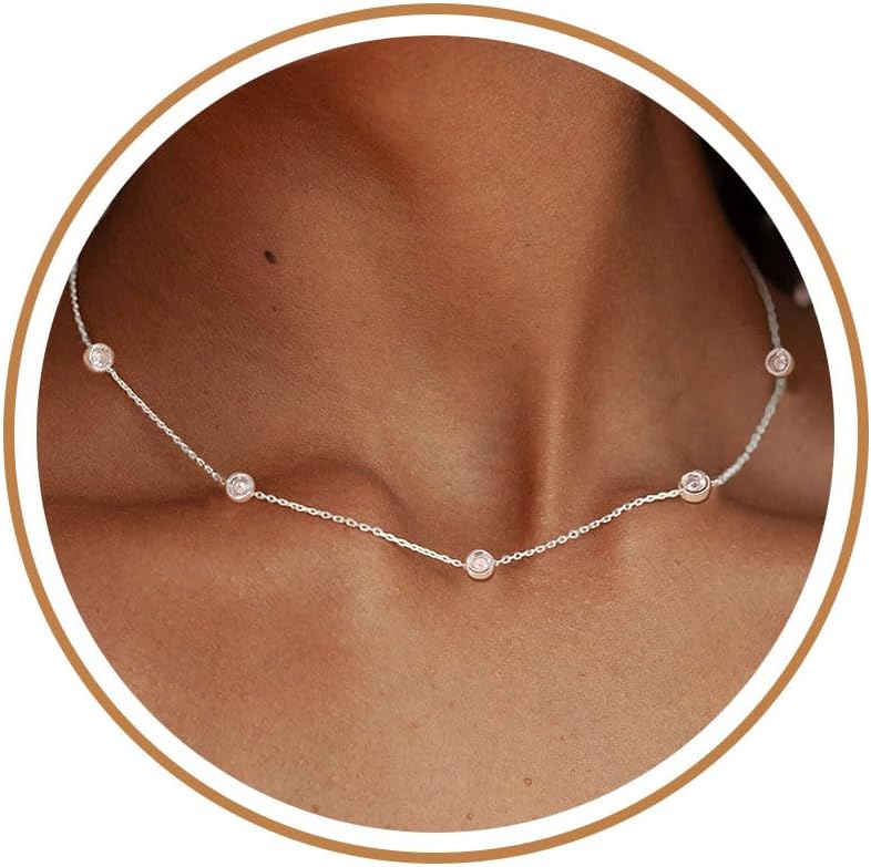 FUNEIA Dainty Silver Gold Necklaces for Women Trendy Non Tarnish Choker | Cubic Zirconia Clover Necklace Stack, 14K Gold Plated Layered Necklace, Cute Station Butterfly Necklace, Wedding Prom Jewelry