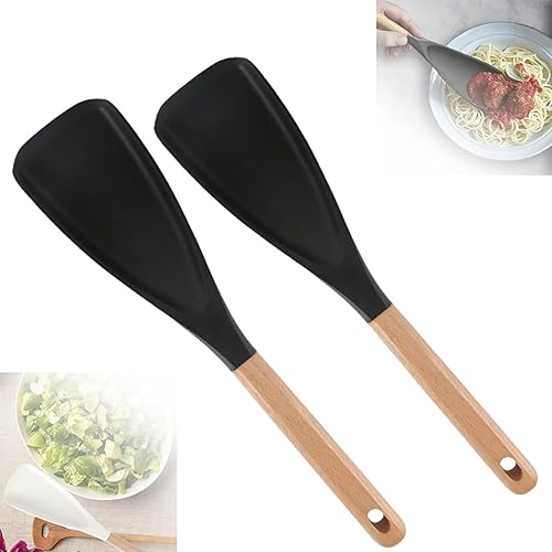 Miniatura 9 de Cuchara de espátula multifunción, espátula de ensalada de silicona de 12.2 pulgadas con mango de madera, utensilios de cocina de silicona para Negro