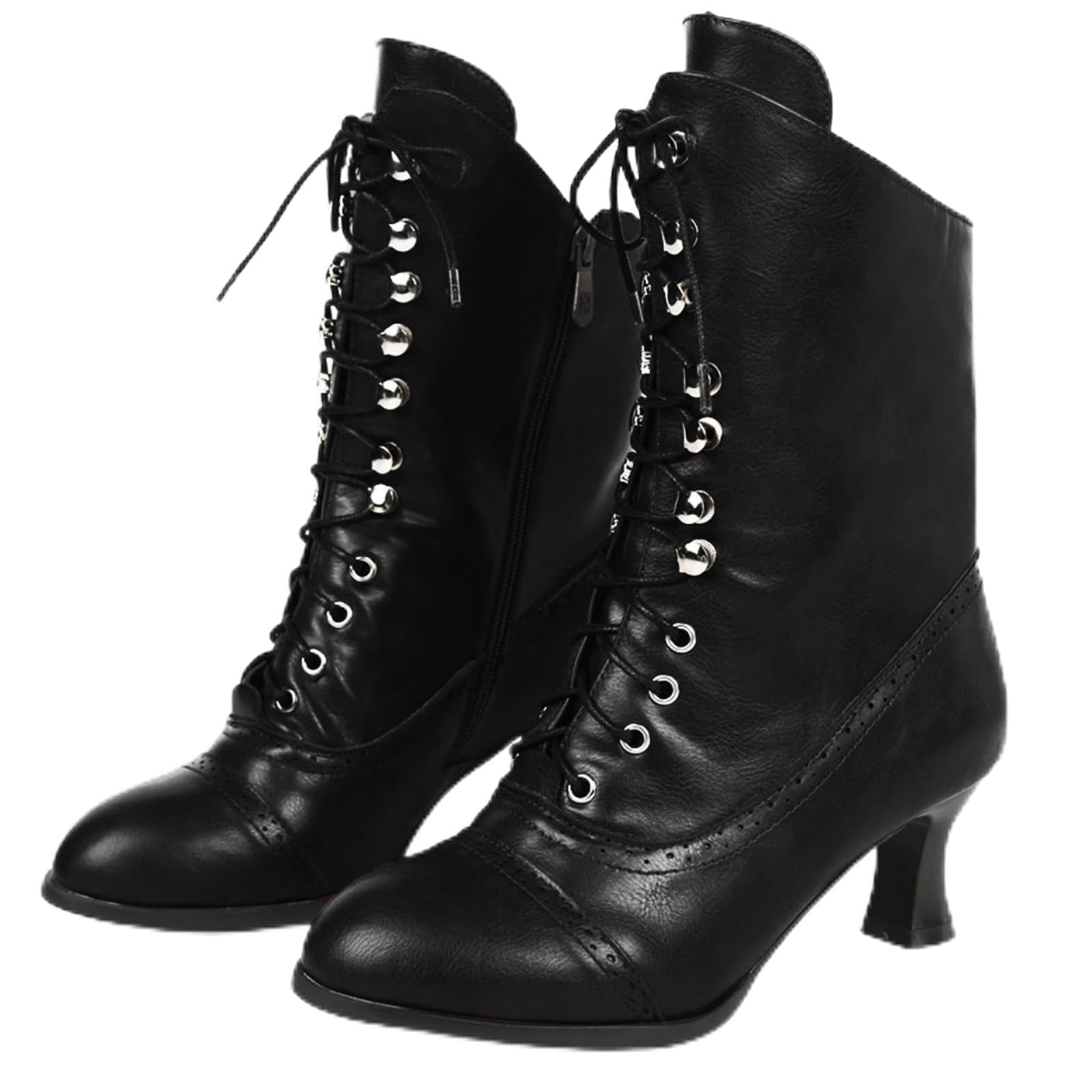 Women Vintage Victorian Boots 70s Lace up Ankle Round Toe Kitten Heel Renaissance Mid Calf Low Heel Shoes