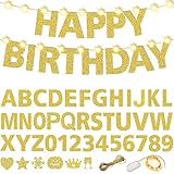 120PCS-DIY Gold Glitter Banner Customizable Banner Letters Kit,Happy Birthday,Summer Banner,Pool Party.115pcs Letters,Numbers and graphicalp,2pcs LED Light Strings for 2023 Party Decorations.