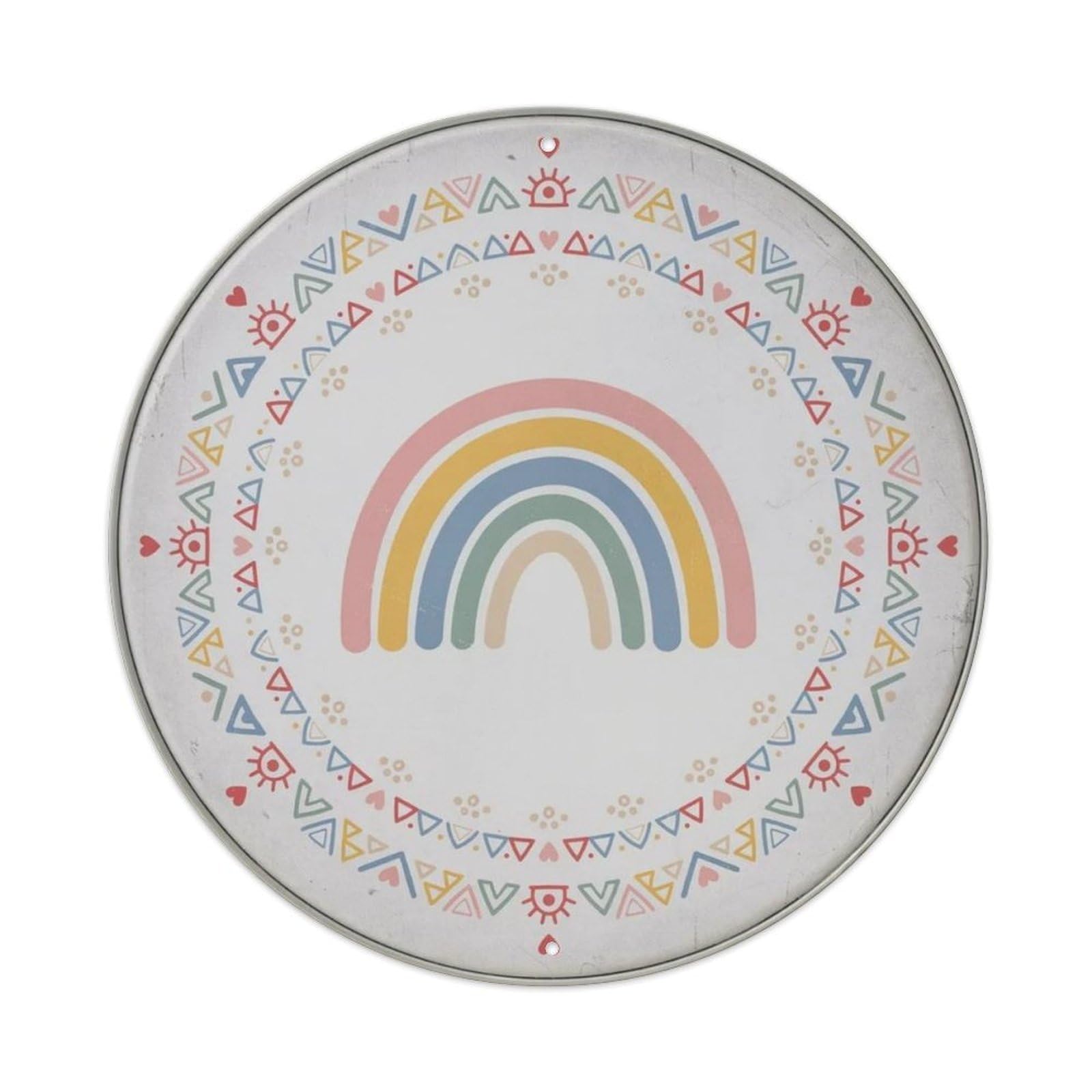Pastel Rainbow Boho Geometric Round Metal Tin Sign Plaque
